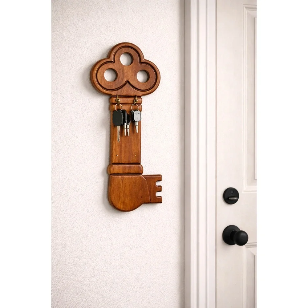 Vintage Wooden Skeleton Key Wall Hanging Decor 4‎ Hook Key Rack Brown 13